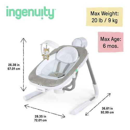 Miniatura 18 de Ingenuity Anyway Sway - Columpio portátil plegable de 5 velocidades y asiento infantil multidireccional con vibraciones, sonidos de la naturaleza