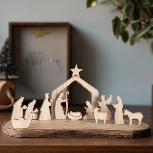 Miniatura 4 de NEROSUN - Juego de escenas de la Natividad, 13 figuras de madera en miniatura de la Sagrada Familia y el pesebre, figuras minimalistas, bohemias