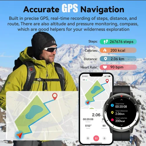 Miniatura 2 de Reloj inteligente para hombres, reloj inteligente con GPS, rastreador de actividad física con monitor de frecuencia cardíaca/sueño, podómetro