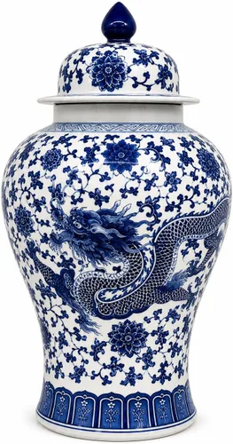 Jarrón clásico de jengibre con templo de cerámica de dragón azul y blanco, de 24 pulgadas, estilo chino Qing grande (dragón)