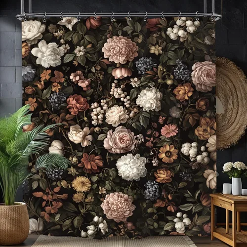 Cortina de ducha de baño gótica oscura con flores negras, 60 pulgadas de ancho por 71 pulgadas de alto, planta botánica, peonía, vintage, retro,