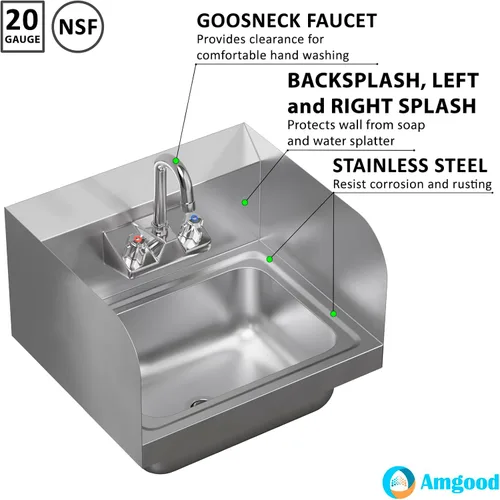 Miniatura 6 de AmGood Fregadero de mano de acero inoxidable para montaje en pared con grifo y salpicadura lateral de 17 x 15 pulgadas Lavabo de manos comercial