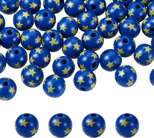 Miniatura 18 de FASHEWELRY 50 cuentas de madera patrióticas del 4 de julio de 0.632 pulgadas (0.630 in), estrella azul, bandera estadounidense, día