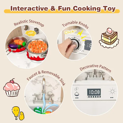 Miniatura 4 de Costzon Juego de cocina para niños, cocina de madera con luces LED de lujo, máquina de hielo, horno, lavadora, teléfono de juego, juego de juguetes