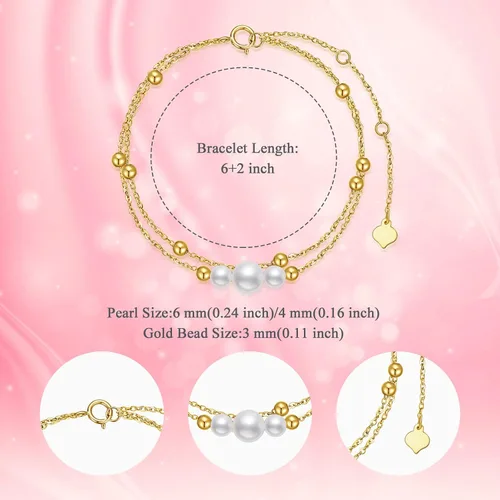 Miniatura 5 de Pulseras de perlas de oro de 14 quilates para mujer, pulsera de doble cadena de oro macizo con perlas cultivadas de agua dulce, joyería