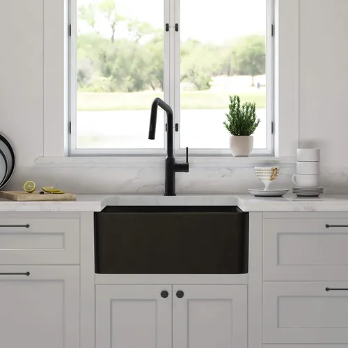 Miniatura 3 de KIBI Pure - Fregadero de cocina de arcilla refractaria de 24 pulgadas, diseño frontal de delantal de un solo tazón, acristalamiento resistente al