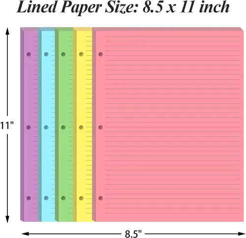 Miniatura 4 de Papel rayado colorido de 3 agujeros, 100 hojas/200 páginas, recambios de líneas de papel de hojas sueltas, 20 hojas por color, 8.5 x 11 pulgadas