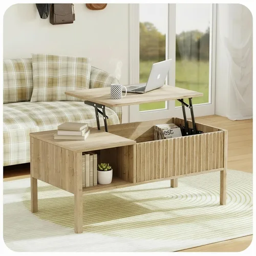 Miniatura 10 de Mesa de centro con parte superior acanalada para sala de estar, mesa de centro pequeña con almacenamiento de elevación hidráulica, gran capacidad