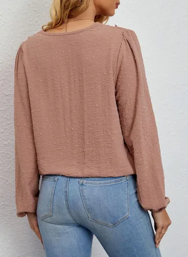 Miniatura 3 de LOLONG - Blusas de manga cortalarga, cuello en V y gasa, camisas de encaje con pompones, de estilo informal.
