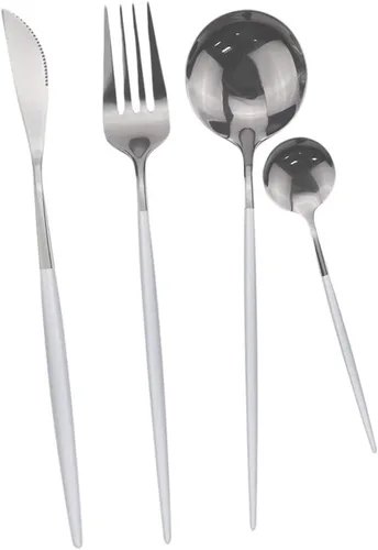 Miniatura 3 de Juego de cubiertos de 24 piezas, acero inoxidable 18/0, cuchillo, cuchara y tenedor, mango blanco plateado, para 6 personas