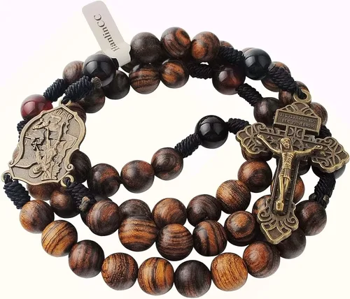 Miniatura 7 de HanlinCC Cuentas de madera maciza hechas a mano de 0.394 pulgadas con piedra de ágata, collar de rosario católico para hombres con pieza central