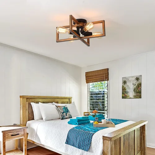Miniatura 6 de KEESFU Lámpara de techo retro semiempotrada de 4 luces, con acabado de grano de madera de granja, iluminación rústica para dormitorio, sala