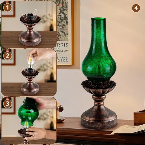 Miniatura 7 de Lámpara de mesa vintage con pantalla de cristal agrietado verde, control táctil y regulable de 3 vías, lámpara de noche rústica retro