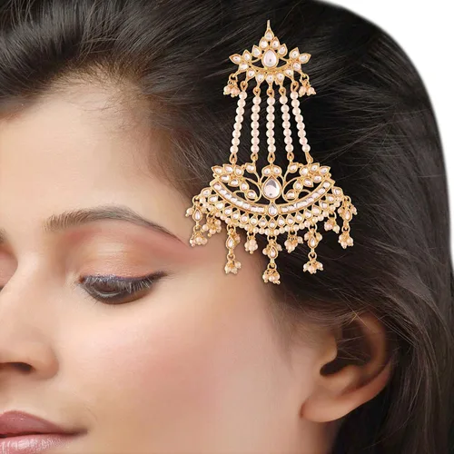 Miniatura 2 de I Jewels Gold Plated Indian Wedding Bollywood Mughal Beautiful Long Pearl Kundan Jhumar PassaJhoomar Maang Tikka for Women (T2464-47-55)