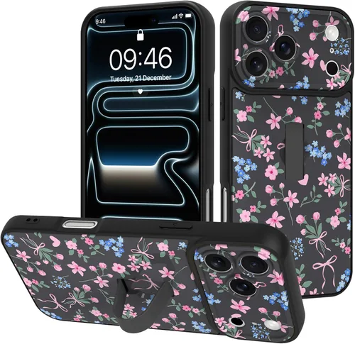 Miniatura 9 de Funda diseñada para iPhone 17 Pro Max con soporte plegable y correa para dedos, bonito patrón de lazo de corazón de flor rosa para mujeres y niñas