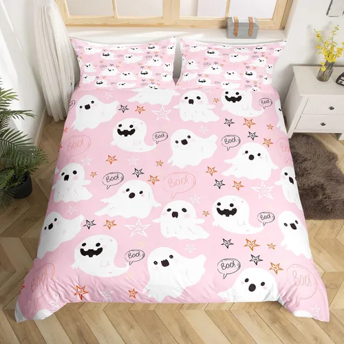 Feelyou Juego de funda de edredón de Halloween, color rosa fantasma, juego de ropa de cama tamaño individual, decoración para niños y niñas, feliz y