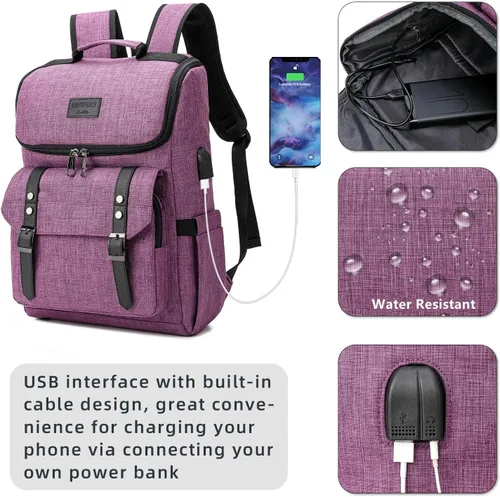 Miniatura 2 de Mochila vintage para laptop con puerto de carga USB para mujeres y hombres, Púrpura, 15,6 pulg.