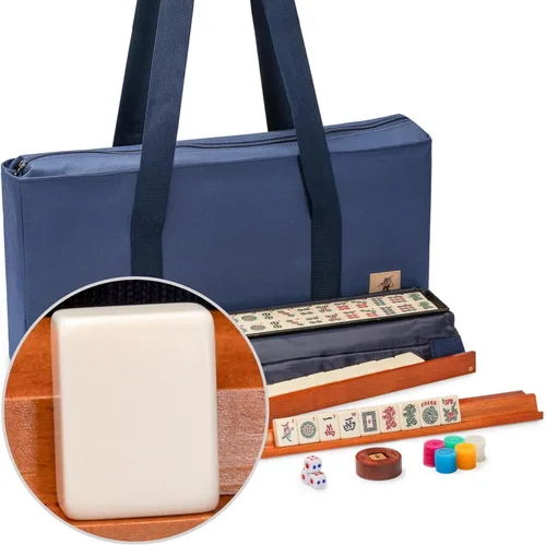 Yellow Mountain Imports American Mahjong Juego de juego, zafiro con estuche blando azul, bastidores todo en uno con empujadores, monedas de
