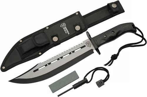Sierra Zulu Cuchillo de caza con vaina, cuchillo Bowie de hoja fija de 10.5 pulgadas, grosor de hoja de 0.197 in, punta de clip con borde trasero
