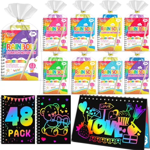 Miniatura 19 de Recuerdos de papel para rascar para fiestas para niños: paquete de 16 cuadernos de rayas arcoíris, bolsas de regalo, libros para colorear, recuerdos