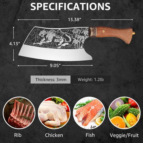 Miniatura 3 de TOMBRO Cuchillo de carnicero de 9 pulgadas, cortador de huesos resistente, forjado con funda para cortar carne, chef chino de acero al carbono ultra