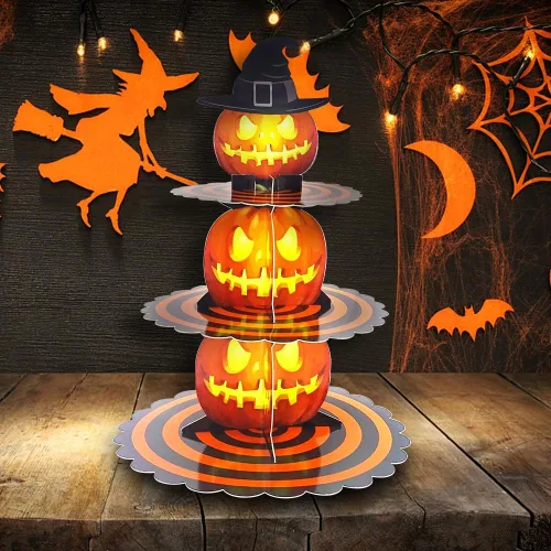 Miniatura 3 de Soporte para cupcakes de Halloween de 3 niveles para mesa de postre, torre de calabaza, bandeja de cartón naranja para 24 cupcakes, decoraciones