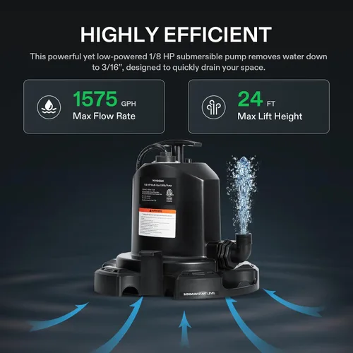 Miniatura 2 de VIVOSUN Bomba de sumidero sumergible, bomba de agua portátil termoplástica de 1575 GPH con cable de alimentación de 10 pies y 2 adaptadores, ideal