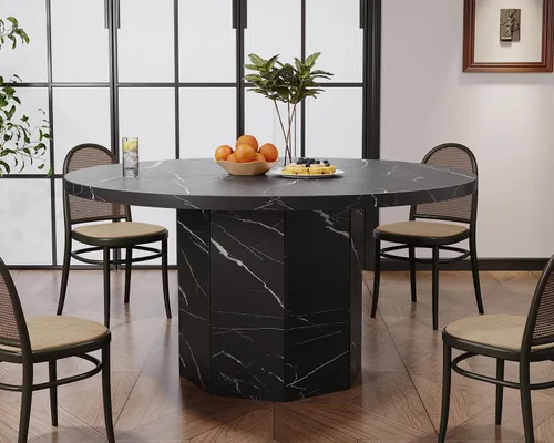 Miniatura 8 de HSH Mesa de comedor redonda para 4-6 personas, mesa de cocina de mármol sintético negro de 47", mesa de comedor moderna de madera para sala de estar