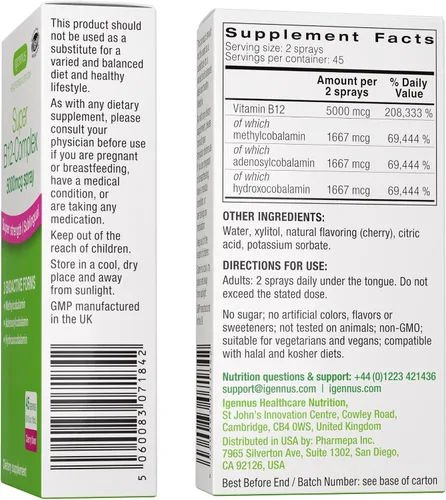 Miniatura 6 de Igennus Complejo Triple de Vitamina B12 5000mcg, Spray Sublingual Líquido, 45 Porciones, Metilcobalamina Metilada, Adenosilcobalamina e