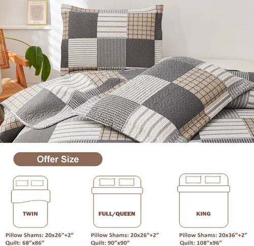 Miniatura 3 de Juego de ropa de cama a cuadros marrón y negro, 3 piezas, tamaño queen, colcha con estampado de parches a cuadros, cubrecama reversible, decoración