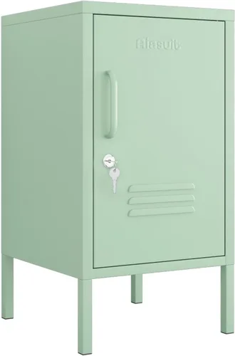 Miniatura 12 de Mesa auxiliar de una sola puerta, armario de almacenamiento de metal con cerradura, mesita de noche para niños de 2 niveles con estante ajustable