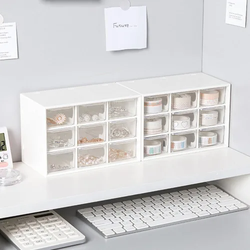 Miniatura 7 de Mini organizador de almacenamiento de plástico y bonitas calcomanías, mini organizador de cajones con 9 fundas de manualidades, organizador