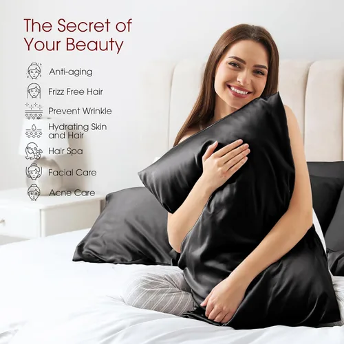 Miniatura 3 de Fundas de almohada de seda 100% 2 unidades, tamaño estándar, seda de morera para cabello y piel, juego de 2, seda de grado superior 6A, suave, Negro