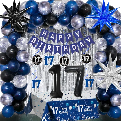 Miniatura 10 de Decoraciones de cumpleaños número 10 para niños y niñas, color azul oscuro, doble dígitos con pancarta de feliz cumpleaños, mantel de globos de 10