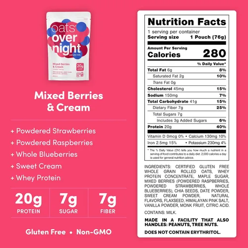 Miniatura 2 de Oats Overnight Mezcla de bayas y crema, avena durante la noche con 0.71 onzas de proteína, batido de proteína de desayuno alto en fibra, avena sin