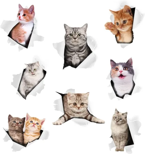 Pligrreat - Calcomanías de pared 3D para gatos, 8 piezas, arte de pared realista para decoración de dormitorio, sala de estar