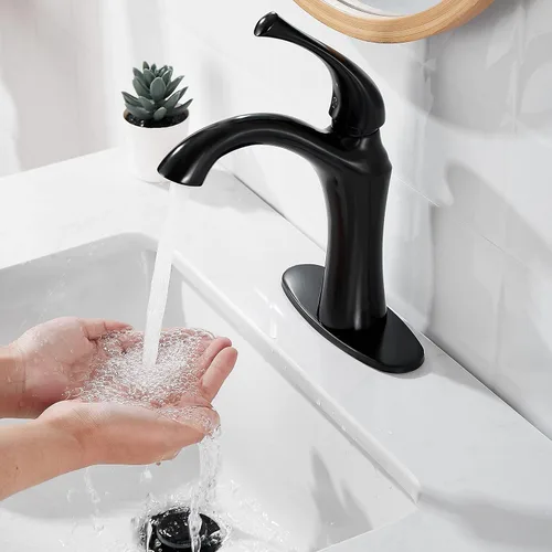 Miniatura 5 de Grifo de baño, grifo de lavabo de una sola manija, grifo de fregadero de baño de 1 o 3 agujeros con placa de drenaje emergente, color negro mate