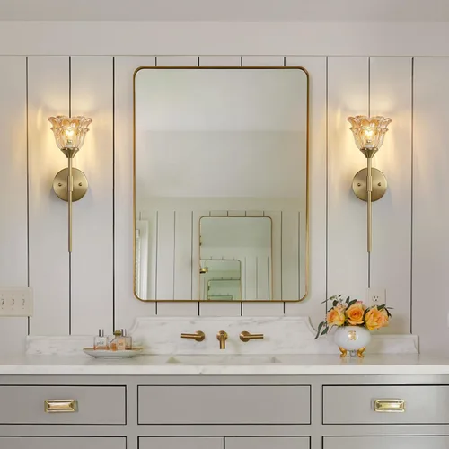 Miniatura 7 de Paquete de 2 apliques de pared dorados con modernas pantallas de vidrio ámbar, accesorios modernos de luz de pared de tocador de baño de mediados