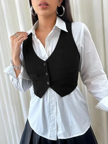 Miniatura 4 de SweatyRocks Chaleco corto con botones en la parte delantera y cuello en V para mujer