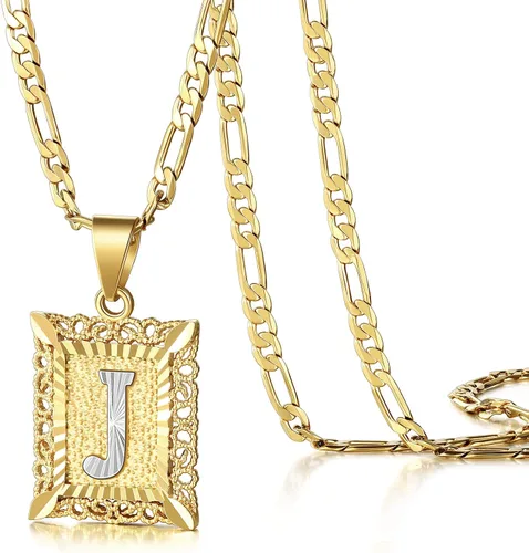 KissYan Initial Letter Pendant Necklace for Mens Womens, 18K Gold Plated Square Capital Monogram Necklace Alhpabets from A-Z Figaro Chain Necklace
