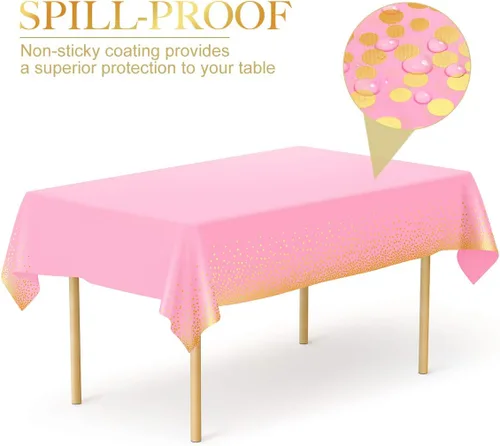 Miniatura 4 de HOMIX Manteles de plástico rosa y dorado para mesas rectangulares, paquete de 6 manteles desechables de fiesta, fundas de mesa de confeti de punto