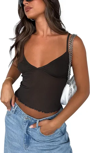 REORIA Camiseta corta sin mangas con cuello en V para mujer, con tirantes delgados ajustables, malla transparente, Y2K