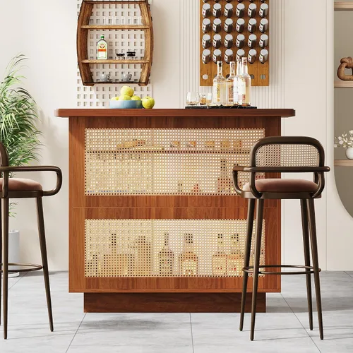Miniatura 7 de Tribesigns: unidad de bar para el hogar de ratán, mesa de bar de 4 estantes estilo granja con 4 portavasos y base elevada, gabinete de bar