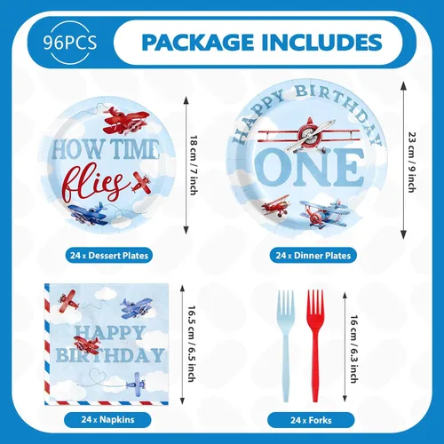 Miniatura 2 de 96 piezas de decoraciones de primer cumpleaños de avión para niños, juegos de platos y servilletas de primer cumpleaños de avión rojo y azul