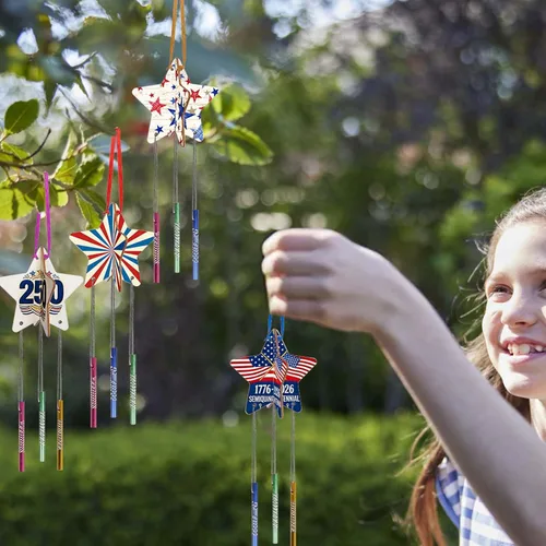 Miniatura 6 de Kit de campanillas de viento patrióticas de estrella 3D para niños, manualidades del 4 de julio, decoración de campanillas de viento de madera