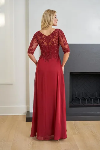 Miniatura 2 de Women's V Neck Lace Appliques Mother of The Bride Dress with Sleeves Slit Long Formal Party Gowns