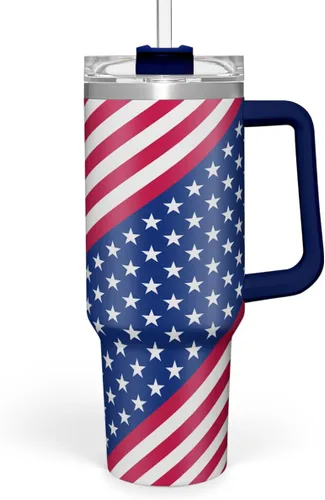 Miniatura 20 de SANDJEST Taza con bandera americana con asa, taza de café de acero inoxidable con aislamiento de 40 oz con tapa y pajita, regalos de América