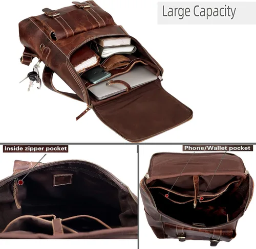 Miniatura 6 de cuero C - Mochila de cuero de grano completo para hombre, bolsa para laptop de 17 pulgadas, mochila de viaje vintage, mochila casual para mujer