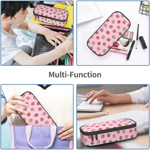 Miniatura 7 de Estuche para lápices con lunares rosados de fresa de gran capacidad, bolsa de papelería con cremallera, soporte portátil para bolígrafos