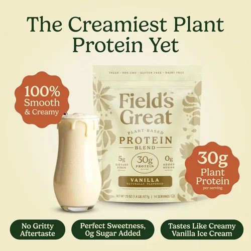 Miniatura 3 de Field's Great Batido de proteína de vainilla todo en uno a base de plantas, envejecimiento saludable, 1.06 onzas de proteína, 0.18 onzas de fibra +